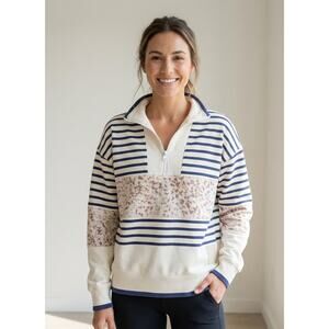 Jaggad Palmer Animal Print Striped Half Zip-Neck Logo Sweatshirt, size S